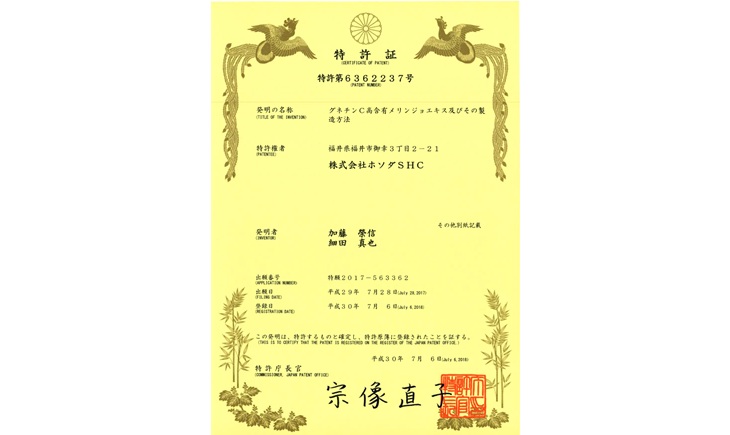 メリンジョ特許証（第632237号）